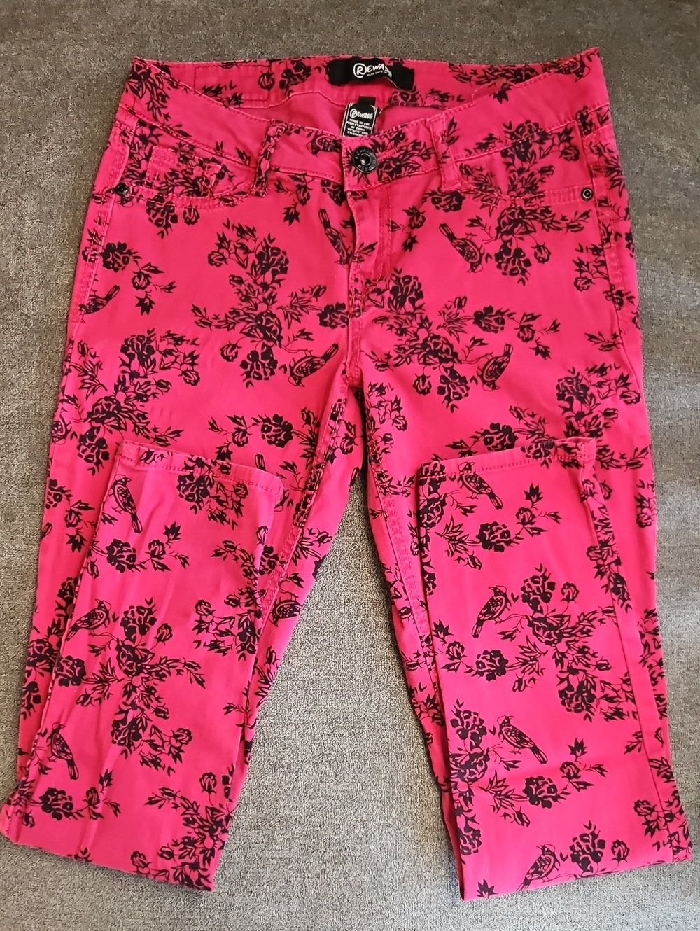 Rewash Pink Black Floral Bird Print Skinny Jeans Juniors Size 7 Whimsigoth Y2K